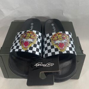 Ed hardy women’s slides sandals tiger checkered